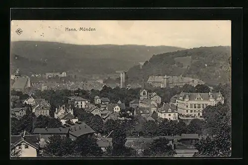 AK Hann. Münden, Teilansicht mit Gebirgsblick