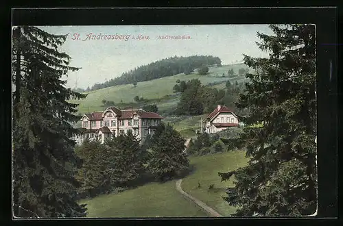 AK St. Andreasberg, Andreasheim mit Wanderweg und grüner Umgebung