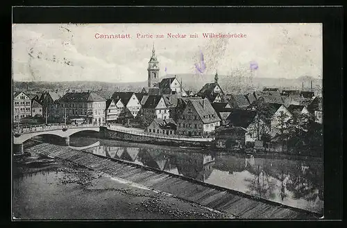 AK Cannstadt, Partie am Neckar mit Wilhelmsbrücke