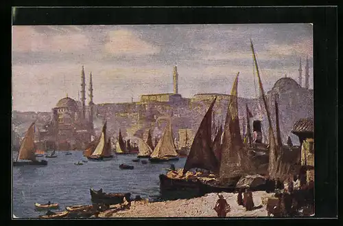Künstler-AK Konstantinopel, Teilansicht hinter Segelbooten