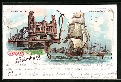 Lithographie Hamburg, Partie am Segelschiffhafen