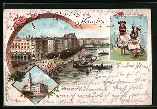 Lithographie Hamburg, Blick auf den alten Jungfernstieg, Rathaus