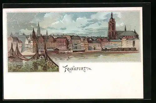 Lithographie Frankfurt a. M., Blick auf die Uferpromenade mit Brücke