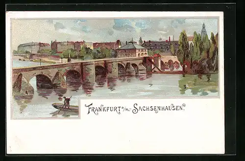 Lithographie Frankfurt a. M.-Sachsenhausen, Uferpartie mit Brücke