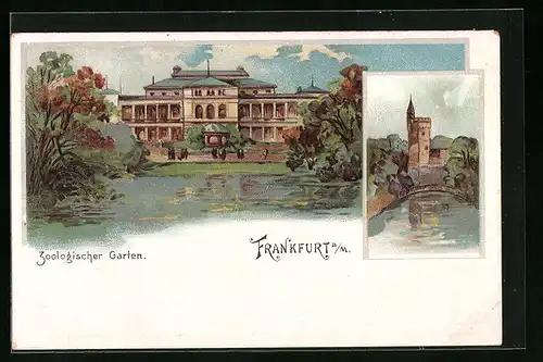 Lithographie Frankfurt a. M., Partie am Zoologischen Garten vom Wasser aus