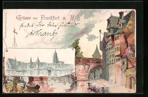 Künstler-AK AK Frankfurt a. M., Blick auf die Uferpromenademit Brücke