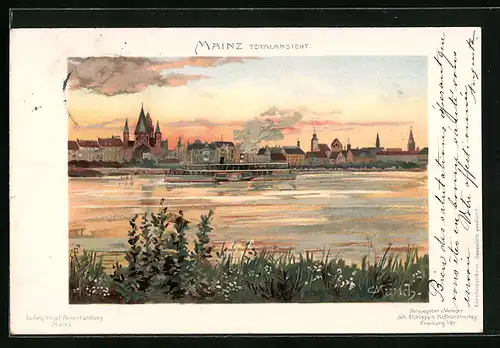 Künstler-AK Carl Münch: Mainz, Totalansicht bei Abendrot