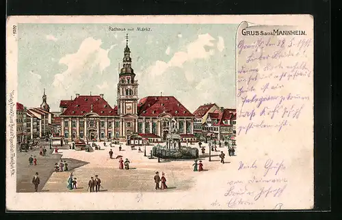 Künstler-AK Mannheim, Blick auf das Rathaus mit Markt