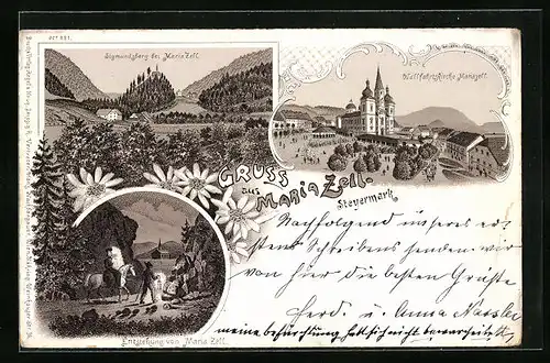 Lithographie Maria Zell, Wallfahrtskirche, Sigmundsberg bei Maria Zell, Entstehung von Maria Zell