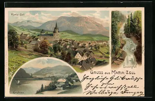 Lithographie Maria Zell, Ortsansicht mit Umgebung, Lassingfall, Erlafsee