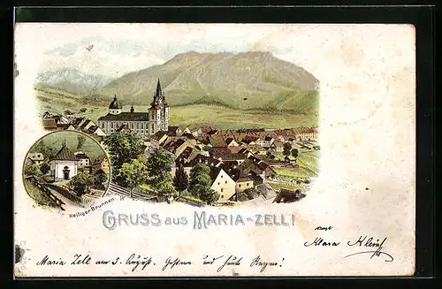 Lithographie Maria Zell, Ortsansicht aus der Vogelschau, Heiliger Brunnen
