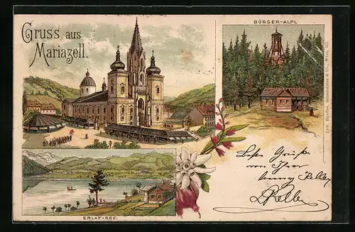 Lithographie Maria Zell, Wallfahrtskirche, Bürger-Alpl, Erlaf-See