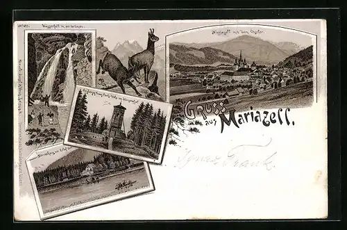 Lithographie Maria Zell, Herrenhaus am Erlaf-See, Ortsansicht mit Ötscher
