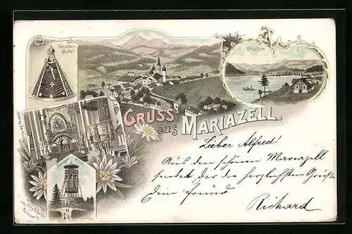 Lithographie Maria Zell, Herrenhaus am Erlaf-See, Ortsansicht mit Ötscher, Gnaden-Mutter