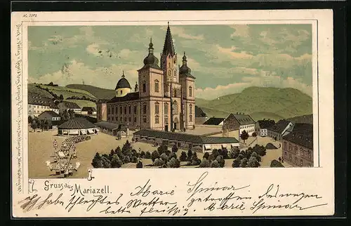 Lithographie Maria Zell, Wallfahrtskirche mit Bergpanorama und Prozession