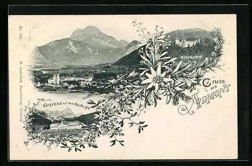 AK Admont, Ortsansicht mit Röthelstein, Haus auf der Kaiserau mit dem Kaibling