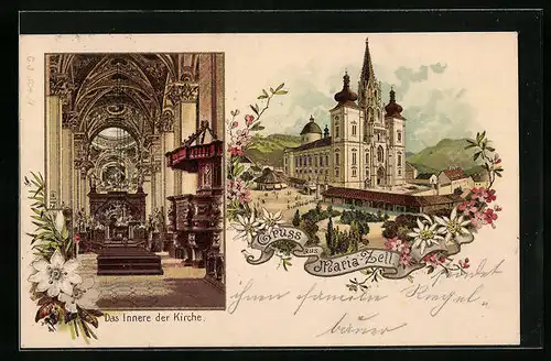 Lithographie Maria Zell, Wallfahrtskirche, Aussenansicht und Inneres