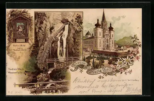 Lithographie Maria Zell, Wallfahrtskirche, Todtes Weib-Wasserfälle mit Treppe