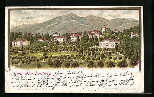 Lithographie Bad Gleichenberg, Ortspanorama mit Umgebung