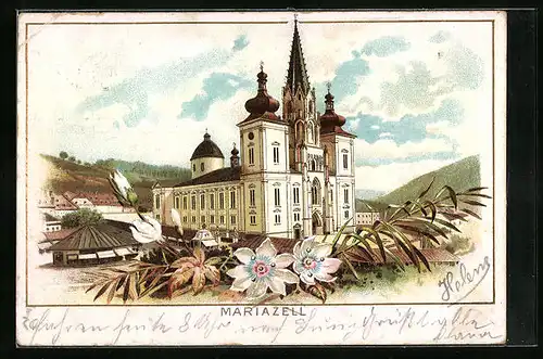 Lithographie Mriazell, Wallfahrtskirche und Blumen