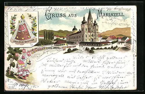 Lithographie Maria Zell, Kirche mit Prozession, Gnaden-Mutter