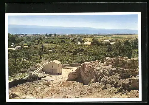 AK Jericho, Panorama mit Elisaquelle und Ruinen, Im Hintergrund das Tote Meer und die Moabiterberge