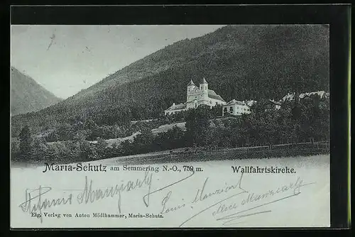 Mondschein-AK Maria-Schutz am Semmering, Blick auf die Wallfahrtskirche