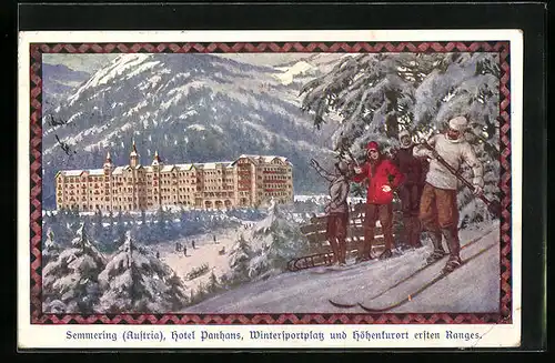 Künstler-AK Semmering, Das verschneite Hotel Panhans, Skifahrer