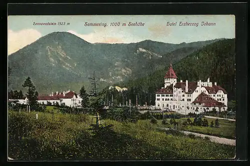 AK Semmering, Ortsansicht mit dem Hotel Erzherzog Johann und dem Sonnwendstein