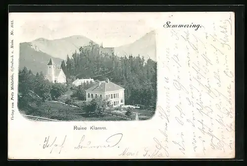 AK Semmering, Die Ruine Klamm aus der Vogelschau