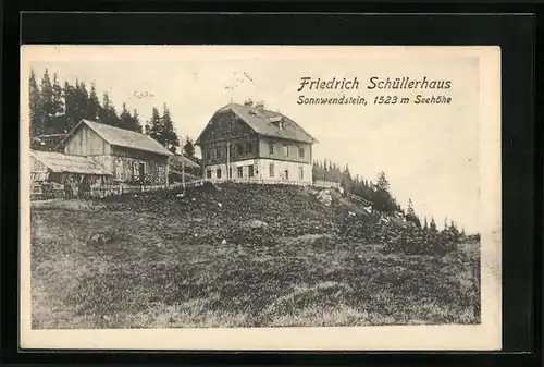 AK Sonnwendstein, Blick auf das Friedrich Schüllerhaus von der Wiese aus