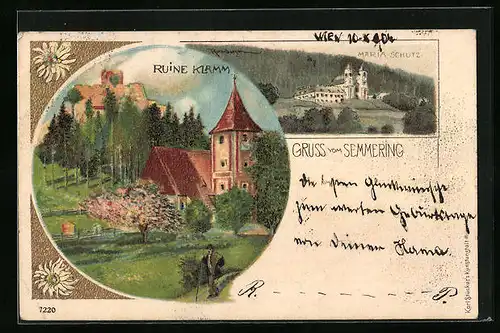 Lithographie Klamm, Ruine Klamm und Maria Schutz