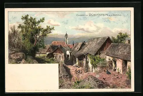 Lithographie Dürnstein /Donau, Gasse mit Einwohnern und Federvieh