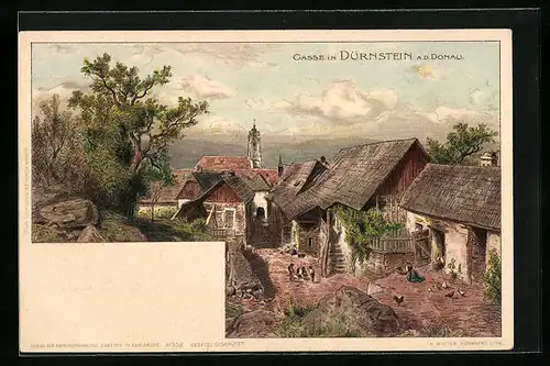 Lithographie Dürnstein /Donau, Gassenpartie mit Einwohnern und Federvieh