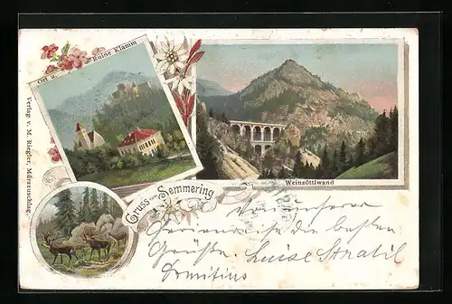 AK Semmering, Blick auf die Weinzöttlwand, Ortsansicht mit der Ruine Klamm