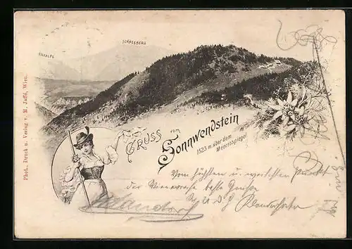 AK Sonnwendstein, Ortspartie vor Bergpanorama, Raxalpe