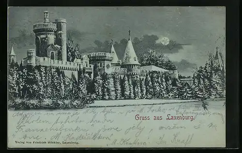 Mondschein-AK Laxenburg, Ansicht der Burg bei Vollmond