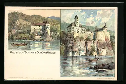 Künstler-AK Schönbühl a. D., Blick auf das Kloster und Schloss vom Wasser aus
