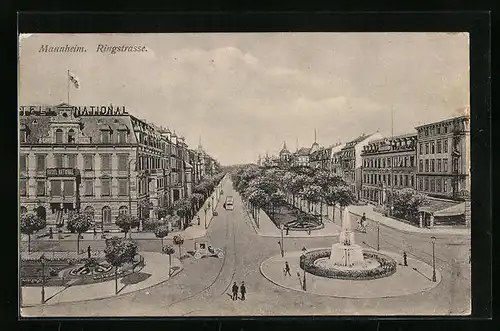 AK Mannheim, Brunnen am Ende der Ringstrasse, Strassenbahn unterwegs