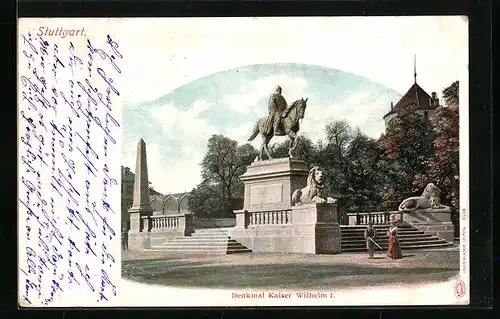 Lithographie Stuttgart, am Denkmal Kaiser Wilhelm I.