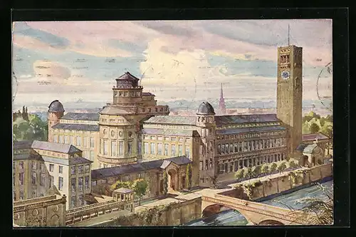 Künstler-AK München, das Deutsche Museum, Stadtansicht von Nordwest