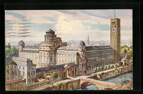 Künstler-AK München, das Deutsche Museum, von Nordwest mit Brücke gesehen