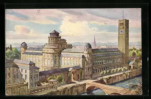 Künstler-AK München, das Deutsche Museum, Ansicht von Nordwest an der Isar