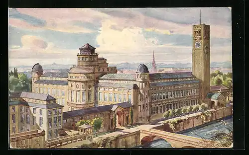 Künstler-AK München, das Deutsche Museum, Ansicht von Nordwesten, Isarbrücke