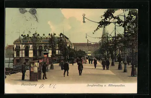 AK Hamburg-Neustadt, Passanten auf dem Jungfernstieg am Alsterpavillon