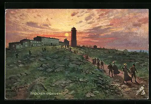 Künstler-AK Brocken, Wanderer am Unterkunftshaus zum Sonnenuntergang