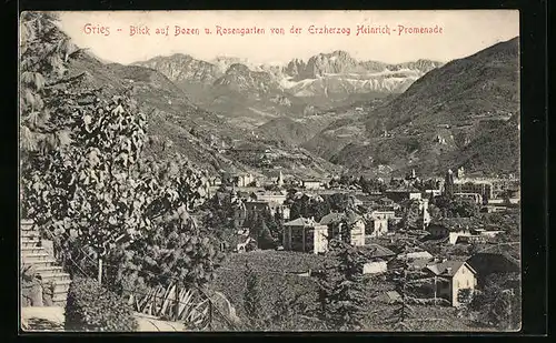AK Bozen-Gries, Stadtblick mit Rosengarten von der Erzherzog Heinrich-Promenade