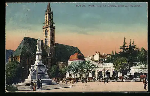 AK Bozen, Waltherplatz mit Waltherdenkmal und Pfarrkirche