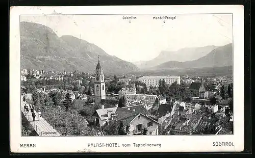 AK Meran, Stadtansicht mit dem Palast-Hotel vom Tappeinerweg aus