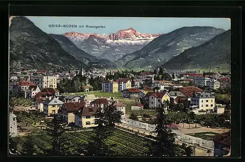 AK Bozen-Gries, Stadttotale mit dem Rosengarten